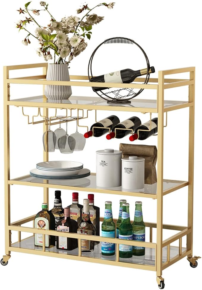 Bar Cart Gold with Bottle Storage and Wine Glass, Rolling Serving Bar Cart on Wheels Indoor & Outdoor, Patio, Gold Kitchen Serving Cart for Party(3-Tier)