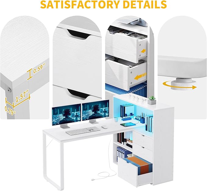 DWVO L Shaped Desk with Drawers, 55" Corner Computer Desk with Bookshelf & Power Outlets & LED Lights, Home Office Desk with Storage Shelves, White
