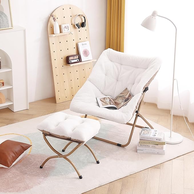 Tiita Folded Chair with Ottoman, Soft Faux Fur Oversized Folding Accent Chair,Lounge Lazy Chair, Metal Frame Moon Chair for Bedroom, Living Room, Dorm Rooms, Garden and Courtyard
