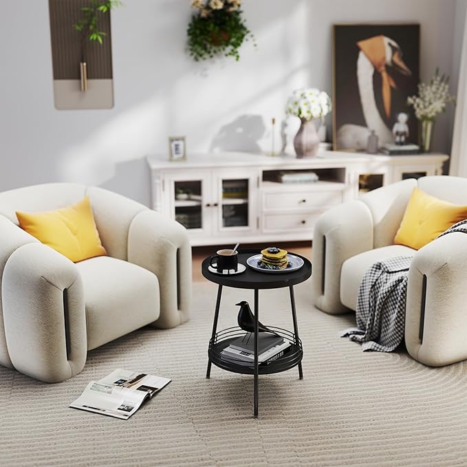 Benkyo 2 Tier Black Metal Round Side Table Tiered Two Shelf Storage Coffee Sofa End Table for Living Room and Bedroom,Black