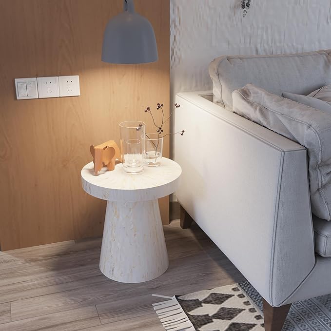 PEMAR Mother of Pearl Pedestal Side Table Modern Mushroom Minimalist Drink Accent End Table for Small Space, Bedside for Bedroom, Living Room, Hallway (White & Cream Sunlight)