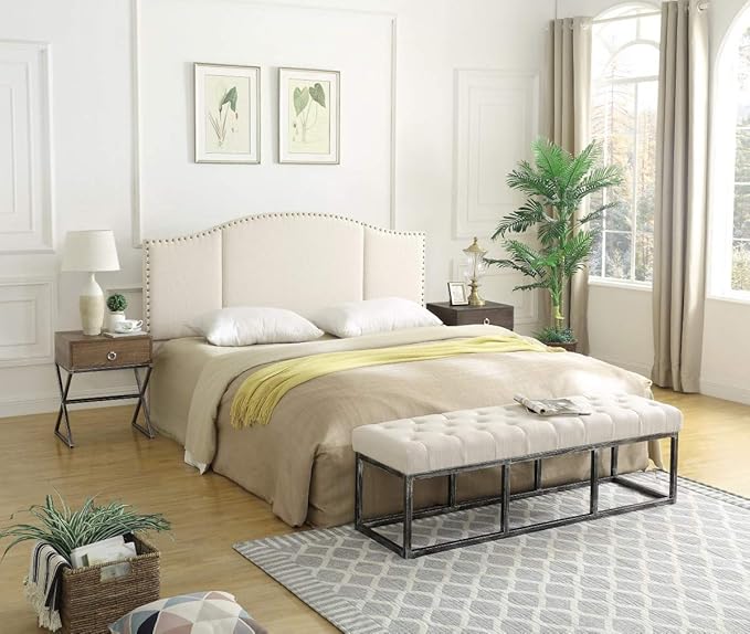 24KF Upholstered Tufted Long Bench Seats with Metal Frame Leg, Linen Bench Ottoman with Padded Seat-Ivory