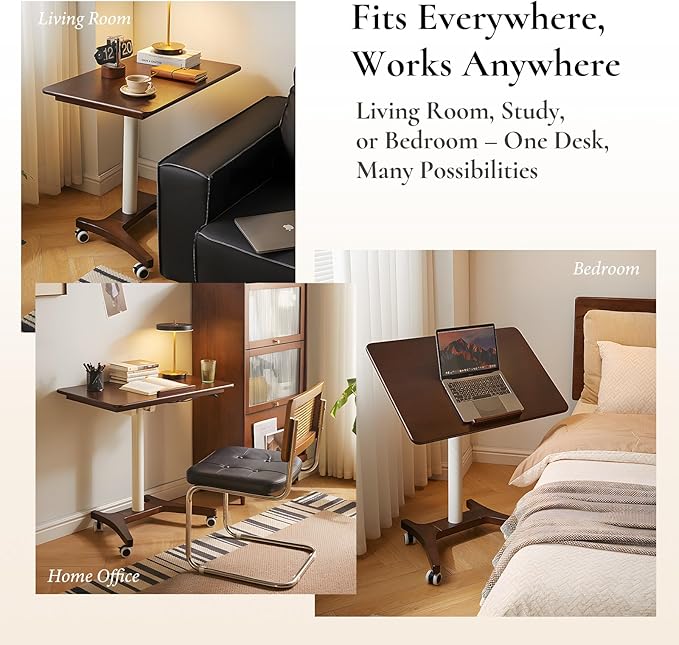 Adjustable Computer Desk, Solid Wood Folding Desk with Wheels, Mobile Home Office Laptop Table, Sit Stand Workstation, Rolling Desk, 28.35-42.52 H x 31.5 W x 19.69 D Inches, Walnut