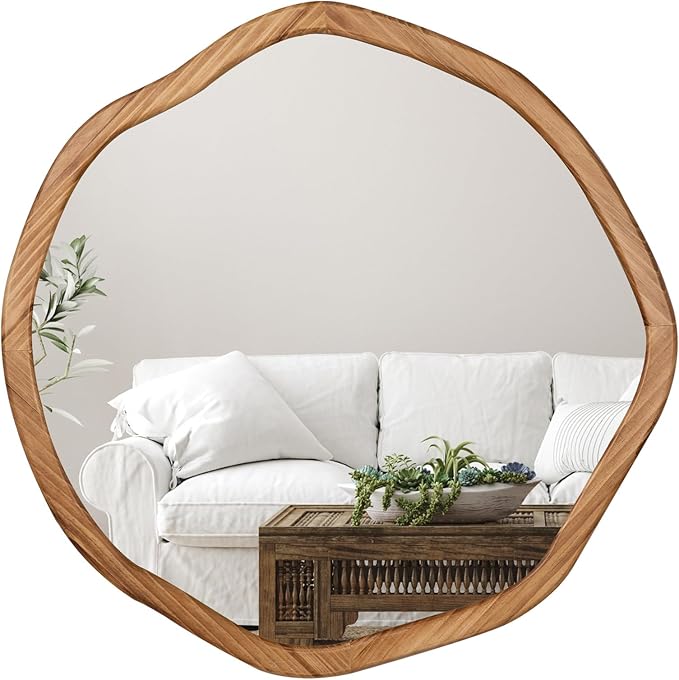 ULIKE Round Wood Mirror 24 Inch Circle Wall Mirror, Asymmetrical Bathroom Vanity Mirror with Wood Frame, Decorative Wall Mounted Mirror for Bedroom, Living Room, Entryway, Rustic Brown