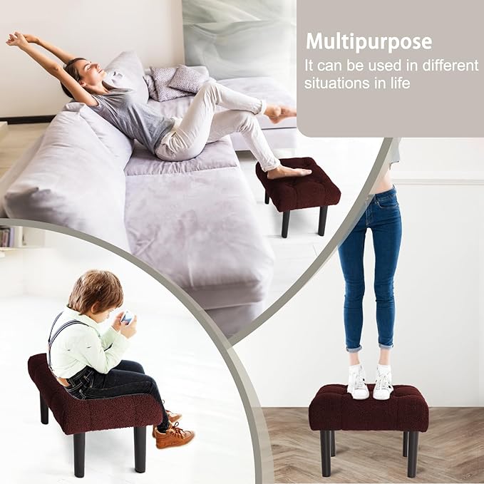 HOUCHICS Fur Padded Foot Stool, Small Ottoman Foot Rest with Wooden Legs,Modern Rectangle Chair Foot Rest Foot Step Stool for Living Room, Couch, Desk(Wine Red