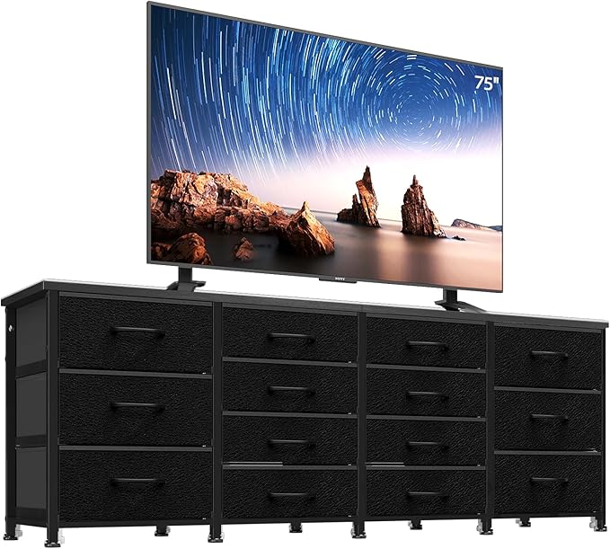 63 Inch TV Stand Dresser for Bedroom, Long Black Dresser with 14 Fabric Drawers for 65 70 75 Inch TV, Entertainment Center with Storage Media TV Console Table