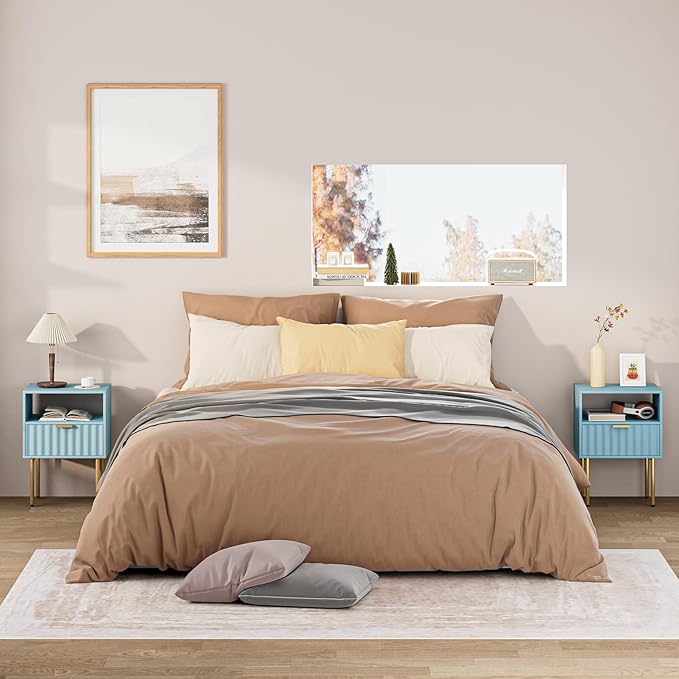 Nightstand,Modern Bedside Table with Gold Frame,Blue Night Stand,Bedside Furniture, Modern Side Table with Drawer and Shelf for Bedroom,Living Room (Blue)