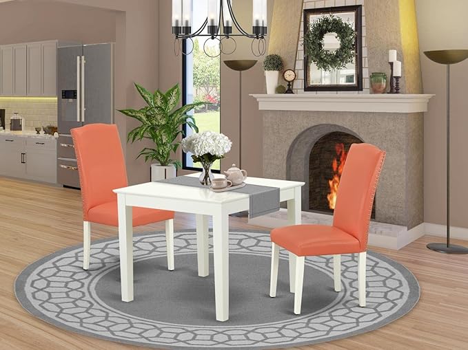 East West Furniture OXEN3-LWH-78 3 Piece Dinette Set for Small Spaces Contains a Square Dining Table and 2 Pink Flamingo Faux Leather Parson Dining Room Chairs, 36x36 Inch, Linen White