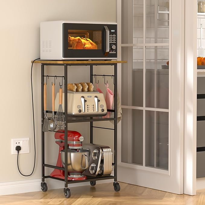 Rolling Kitchen Microwave Cart, 3 Tier Microwave Table Stand with Adjustable Shelf, Kitchen Storage Rack on Wheels, Coffee Station Cart Rack Shelf Organizer for Living Room Office, Balcony