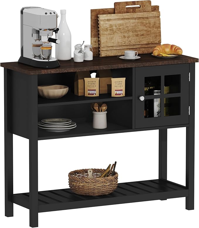 ChooChoo Farmhouse Coffee Bar Cabinet, Buffet Cabinet with Storage, Sideboard Buffet with Glass Door, Console Table for Kitchen, Hallway, Entrance, Black
