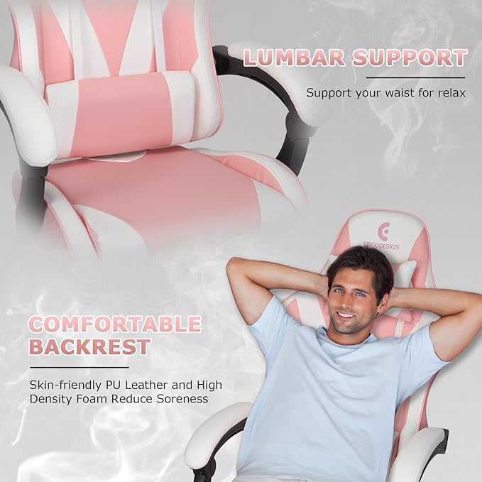 Gaming Chair with Linkage Armrest & Footrest, High Back Video Gaming Chair, Pink/White
