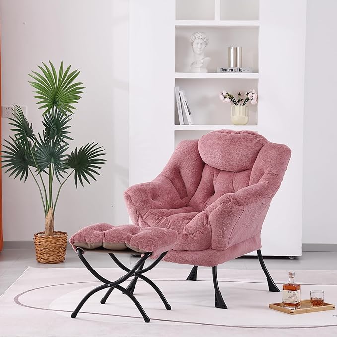Lazy Chair with Ottoman, Modern Accent Chair Contemporary Lounge Leisure Sofa Chair with Armrests, Reading Chair and Folding Footstool Set for Living Room, Bedroom, Office