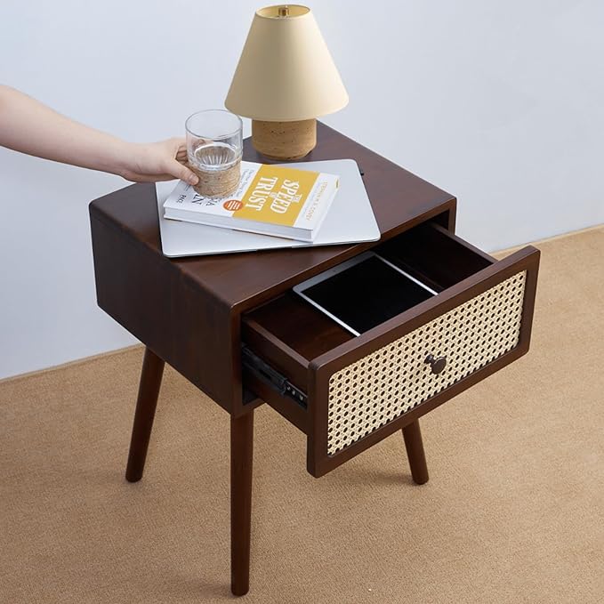 Bme Nipe Solid Wood and Rattan Nightstand, Fully Assembled, Woven Cane End Table, Bedside Table for Modern Bedroom, Boho Living Room with Tall Wood Legs Large Storage 1-Drawer, Walnut