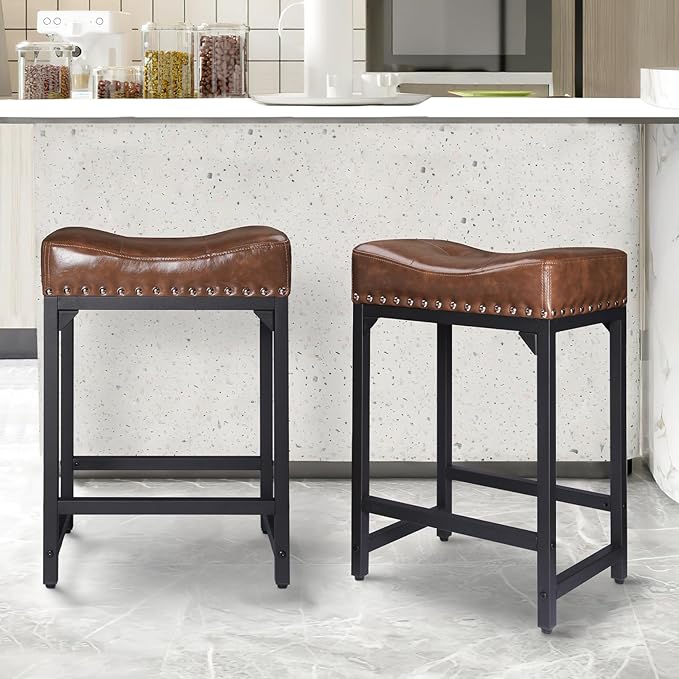Bar Stools Set of 2, Counter Height Bar Stools for Kitchen Counter, 24 Inch Saddle Barstools Kitchen Stools, Counter Height Stools for Bar, Kitchen, Island-Brown