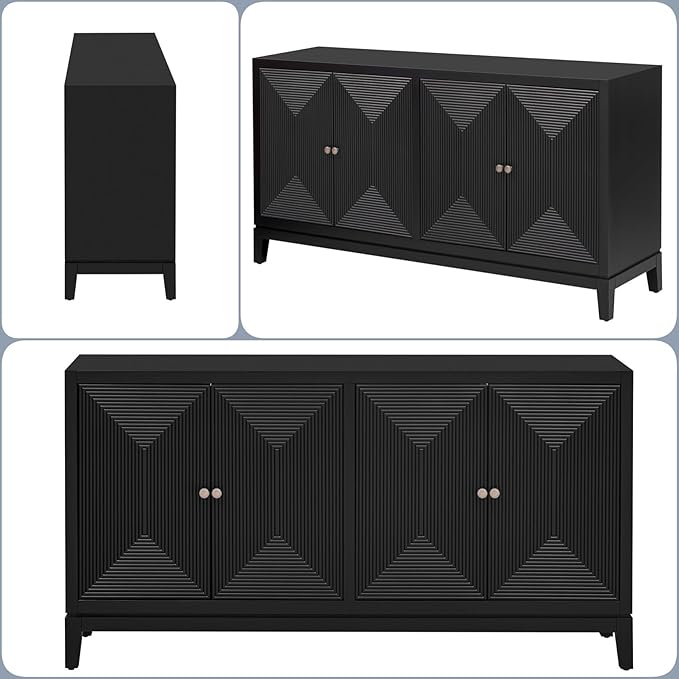 Merax 60" Sideboard Buffet Storage Cabinet with 4 Doors and Adjustable Shelves, Modern Wooden Accent Fluted Credenza Console Table for Kitchen, Study, Dining, Living Room, Coffee Bar, Entryway, Black