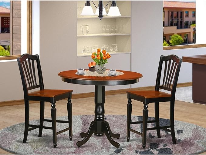 East West Furniture TRCH3-BLK-W 3 Piece Counter Height Dining Table Set Contains a Round Wooden Table and 2 Kitchen Dining Chairs, 42x42 Inch, Black & Cherry