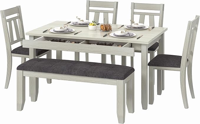 6-Piece Solid Wood Dining Table Set for 6, Modern Breakfast Dinette Kitchen Table with Bench & Chairs for Dining Room, Kitchen, Grey