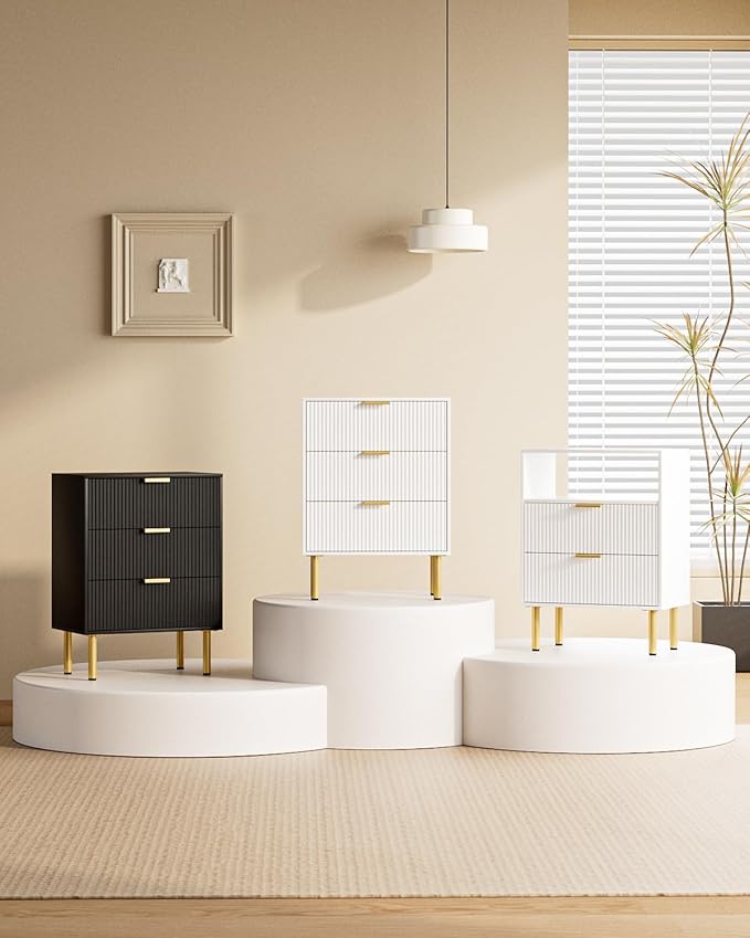 Night Stand,Tall Bedside Table with 3Storage Drawers,White Nightstand,Bedside Furniture,Side Table with Gold Frame,End Table for Bedroom,Living Room (Modern-2drawers 1shelf, White)