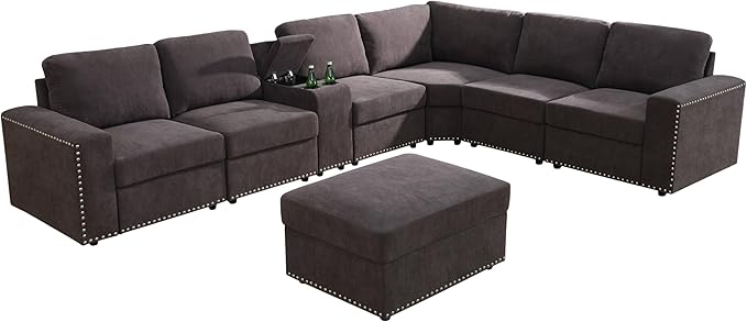 Sectional Couches for Living Room, Modular Sectional Sofa with Ottoman, Modern Nail-Head Design Large Corner L Shaped Couch with Cup Holder for Bedroom, Brown