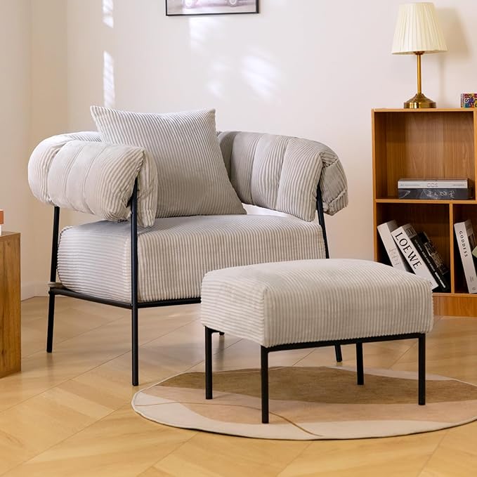 HollyHOME Modern Velvet Accent Chair with Ottoman, Upholstered Comfy Reading Chair and Footstool, Fabric Large Lazy Arm Chair and Stool, Lounge Sofa Chair for Living Room, Bedroom, Grey Chair&Stool