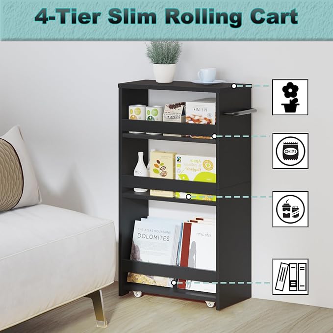 MARTY Rolling Storage Cart 7.9" W, 4-Tier Kitchen Cart with Wheels Handle, Slim Storage Cart Mobile Shelving Utility Carts for Bathroom Laundry Room Organization Narrow Places (All Black)