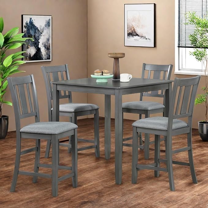 Dining Table Set for 4, Modern 5 Piece Dining Room Table Set with Square Table & 4 Slatted Backrest Upholstered Chairs, Counter Height Kitchen Chairs Set for Small Space, Gray