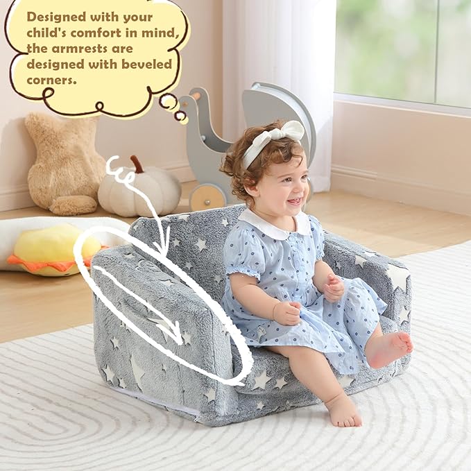 Kids Couch Fold Out, Foldable Toddler Couch with Blanket, Kids Sofa for Girls & Boys, Flip Out Toddler Chair, Convertible Sofa to Lounger for Children Age 1-3 (Glow Star)