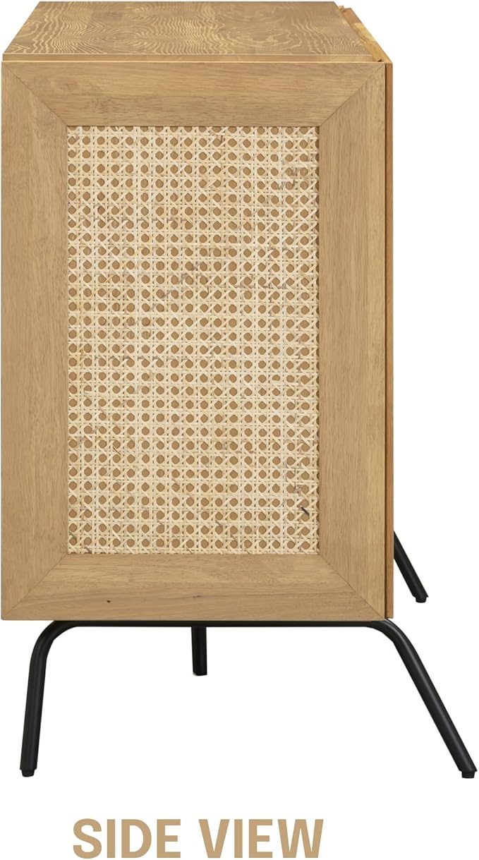 NTC MOSSIC Sideboard with 2 Doors and 3 Drawers, Buffet Cabinet with Natural Rattan and Metal Legs, Modern Storage Cabinet for Living Room, and Hallway, Effortless Assembly, Sand