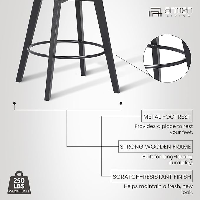 Armen Living Baylor Mid Century Modern Swivel Bar Stool for Kitchen Island Counter in Gray Faux Leather and Black Wood, 26" Seat Height