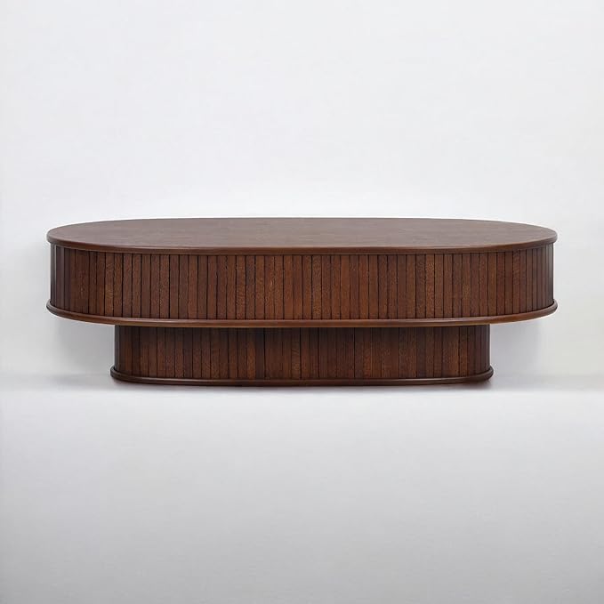 NTC Stream DOU Coffee Table, Modern Double-Layer Oval Wooden Center Table with Vertical Groove Design, Stylish Living Room Decor, Contemporary Minimalist Style, Easy Assembly - Dark Walnut