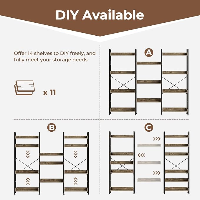 Rolanstar Bookshelf 4 Tiers with 4 Hooks, Triple Bookcase with Open Display Shelves, Industrial Wide Bookshelf with Metal Frame for Living Room, Office, Grey