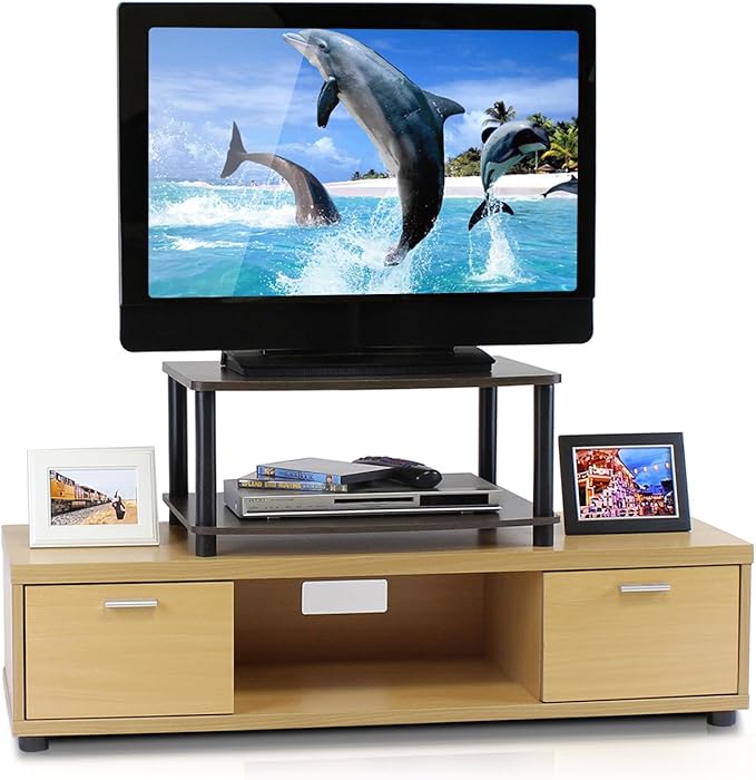 Furinno Turn-N-Tube 2-Tier TV Riser, Small Elevated No Tools TV Stand for TV up to 32 inch, 15.8" x 23.8" x 11", Dark Brown/Black
