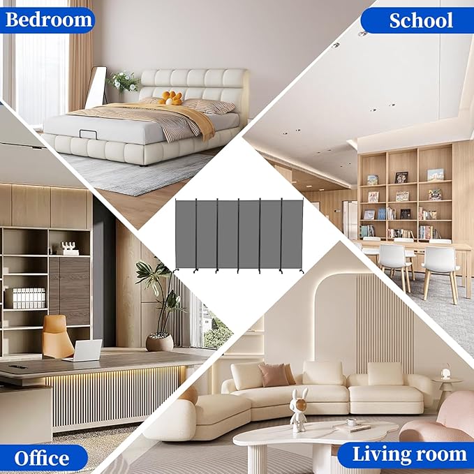 Room Divider 6FT Room Partition with Lockable Wheels, 6 Panel (Thicked Metal Base) Room Dividers, Freestanding Indoor Folding Privacy Screens, Portable Fabric Wall Divider for Room Separation, Grey