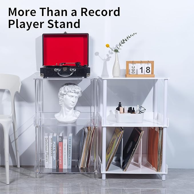 Antilope 18x14 Acrylic Record Player Stand with Vinyl Storage, 3 Tiers Large Turntable Stand Holder Up to 200 Albums, Record Player Table Cabinet Organizer for Living Room Bedroom Corner (Clear)