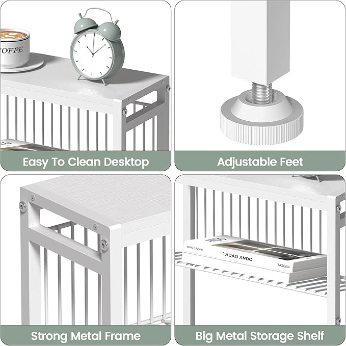 End Table for Small Space, 3-Tier Narrow Side Table with Magazine Holder,Small Nightstand, Skinny Snack Couch Table in Living Room, Bedroom Study and Balcony (White)