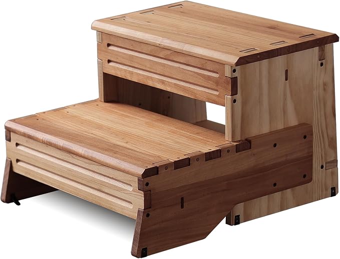 16" Wooden Two Step Stool for Adult & Kid, Wider, Deeper & Safer Bedside Steps, Anti-Slip. Riser 2-Step Spa & Hot Tub Stairs for Pool, Heavy Duty for Kitchen, Bathroom, Closet, High Bed Step