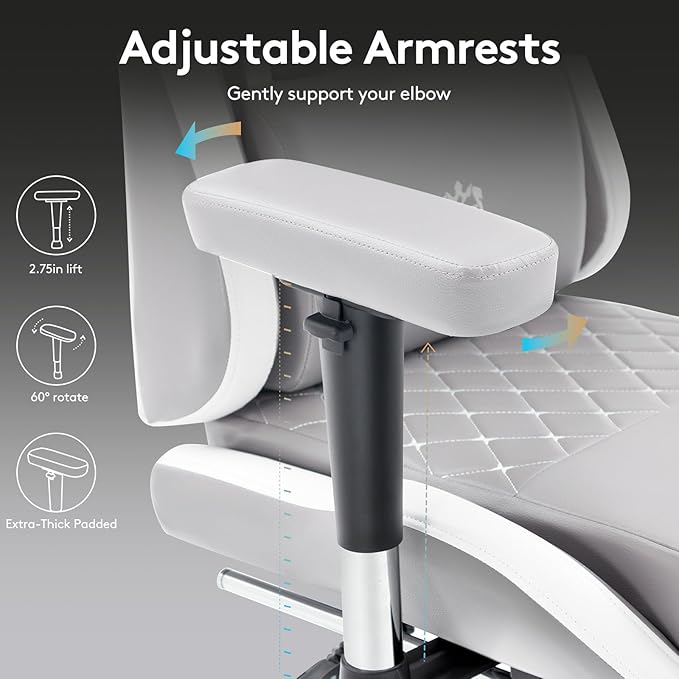 Gaming Chair,Computer Office Chair with Footrest,Massage Lumbar Support and Gel Pad,Ergonomic Reclining Leather Gamer Chair with Headrest,Adjustable Armrests and Spring Cushion Grey White