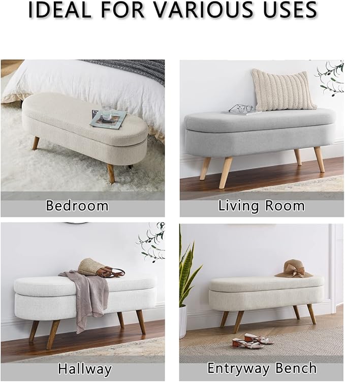 Oval Storage Bench 43.5" Linen Fabric Upholstered Entryway Bench with Solid Wood Legs Ottoman Bench Indoor Bench for Living Room/Bedroom/End of Bed/Entryway (White)
