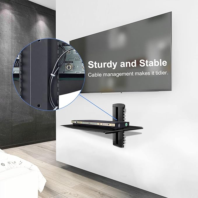 suptek Glass Floating Shelf, 1 Tier Media Shelf for TV Accessories, Flat Black Wall Mount Bracket, 17.6lbs Weight Capacity, Quick Installation, Cable Management, Custom Style, Backless