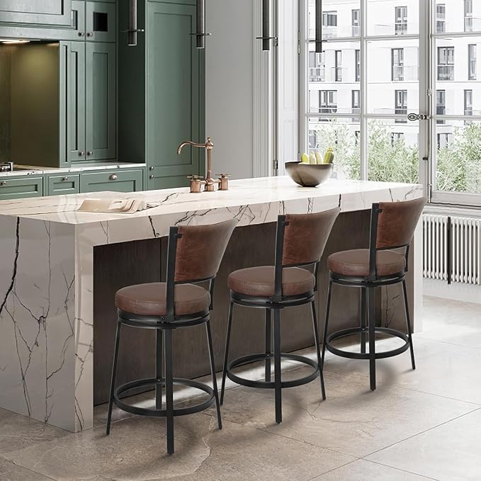 Bar Stools Set of 2, 25 Inch Metal Counter Height Bar Chairs, Modern Faux Leather 360° Round Swivel Barstools with Back, Counter Stools for Kitchen Island, Pub, Brown