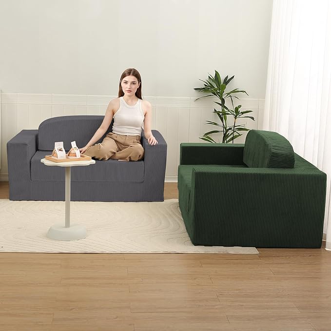 MeMoreCool Convertible Sofa Bed, Pull Out Loveseat Sleeper Sofa, Small Boneless Cloud Couch Bed for Adults, Fold Out Foam Love Seat Grey, Corduroy Folding Floor Couch for Bedroom
