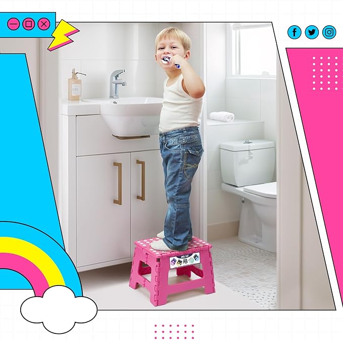 Delxo Folding Step Stool, 9 inch Non-Slip Foldable Stools Up to 300 LBS, Step Stool with Handle, Lightweight for Kitchen, Bathroom, Bedroom, Garden, Rose Pink, 1PC