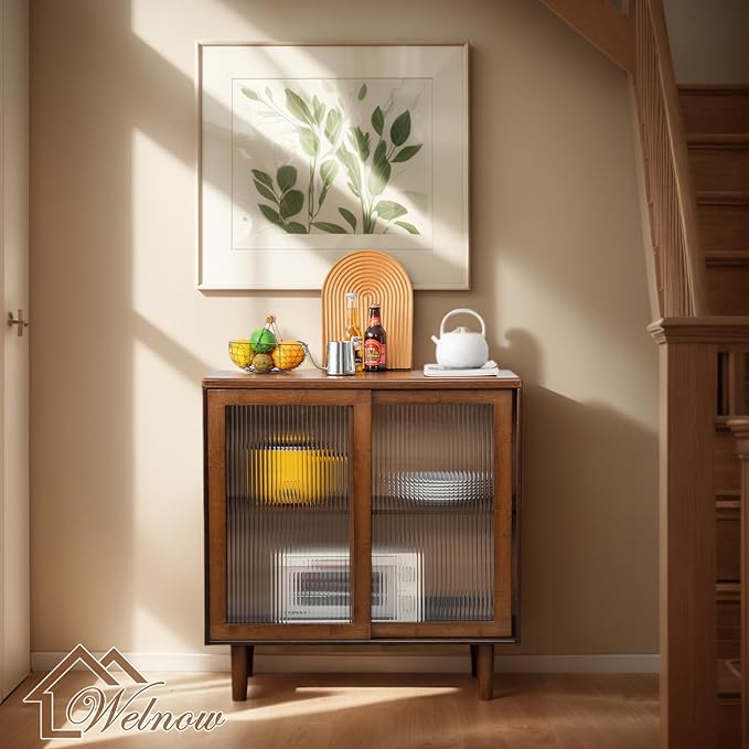 Welnow Buffet Cabinet, Bamboo Sideboard with Storage Kitchen Display Cabinet with 2-Tier Shelves Boho Coffee Bar Tables for Kitchen, Living Room, Entryway, Office, Walnut