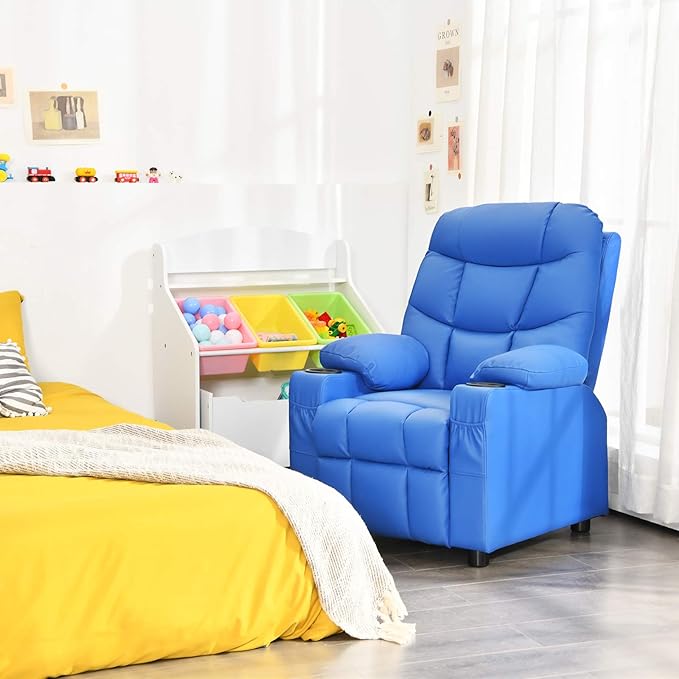 Costzon Kids Recliner Chair with Cup Holder, Adjustable Leather Lounge Chair w/Footrest & Side Pockets for Children Boys Girls Room, Ergonomic Toddler Furniture Sofa, Kids Recliner (Blue)