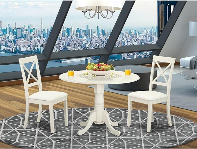 East West Furniture DLBO3-LWH-LC 3 Piece Modern Dining Table Set Contains a Round Wooden Table with Dropleaf and 2 Faux Leather Kitchen Dining Chairs, 42x42 Inch, Linen White