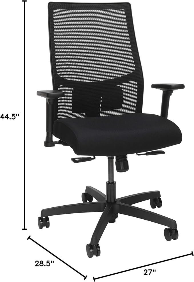 HON Ignition 2.0 Mid Back Task Chair, Standard Synchro-Tilt Control, Office Chair with Lumbar Support, Height and Width Adjustable Arms, Black Frame, Black