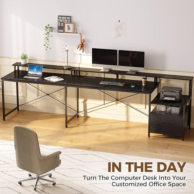 Rolanstar L Shaped Gaming Desk with Drawers, 64" Reversible Computer Desk with Power Outlet & LED Strip, Corner Desk with File Cabinet & Monitor Stand, Home Office Desk, Black