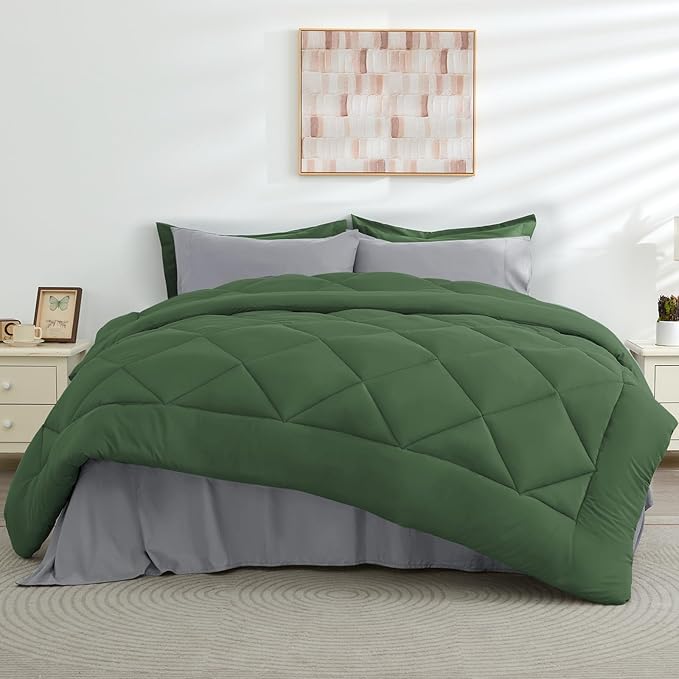 HEVUMYI Queen Comforter Set - 7-Piece All Season Bed in a Bag Queen, Ultra Soft Bedding Set with Comforter, Flat Sheet, Fitted Sheet, Pillowcases, Pillow Shams, Green & Light Grey
