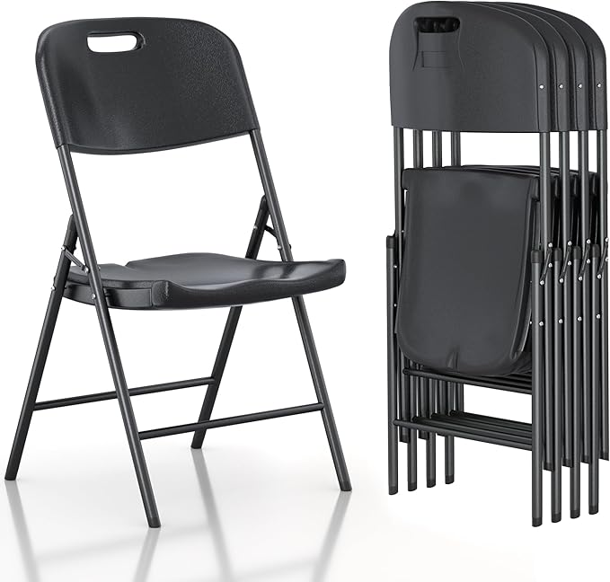 VECELO 4 Pack Folding Chairs, Indoor/Outdoor Use Plastic Seat with Steel Frame, for Events, Office, Wedding, Party, Stackable & Portable, Black