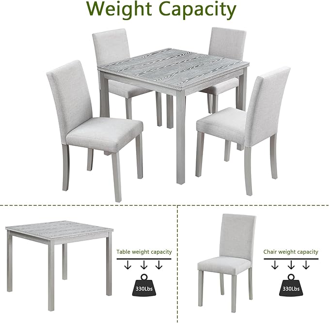 KEIKI 5-Piece Standard Height Dining Table Set with Square Table and 4 Upholstered Chair, for 4 Person, Classic Crystal Decoration Wood Table Set, Easy Assembly, for Kitchen, Dining Room, Silver Grey